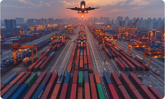 avión volando encima de contenedores de logística aduanal monterrey